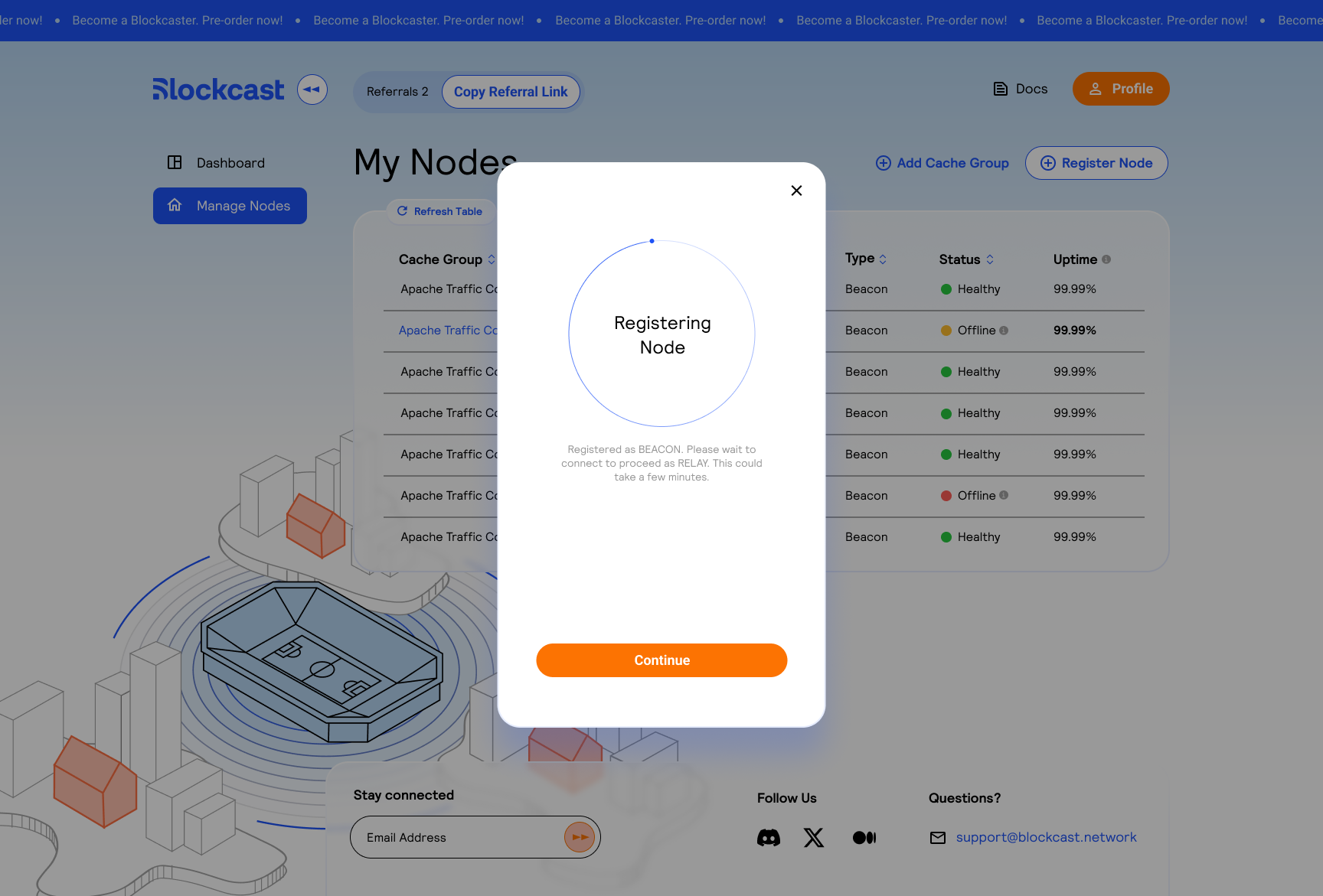 Registering Node screen showing connection spinner while gateway syncs