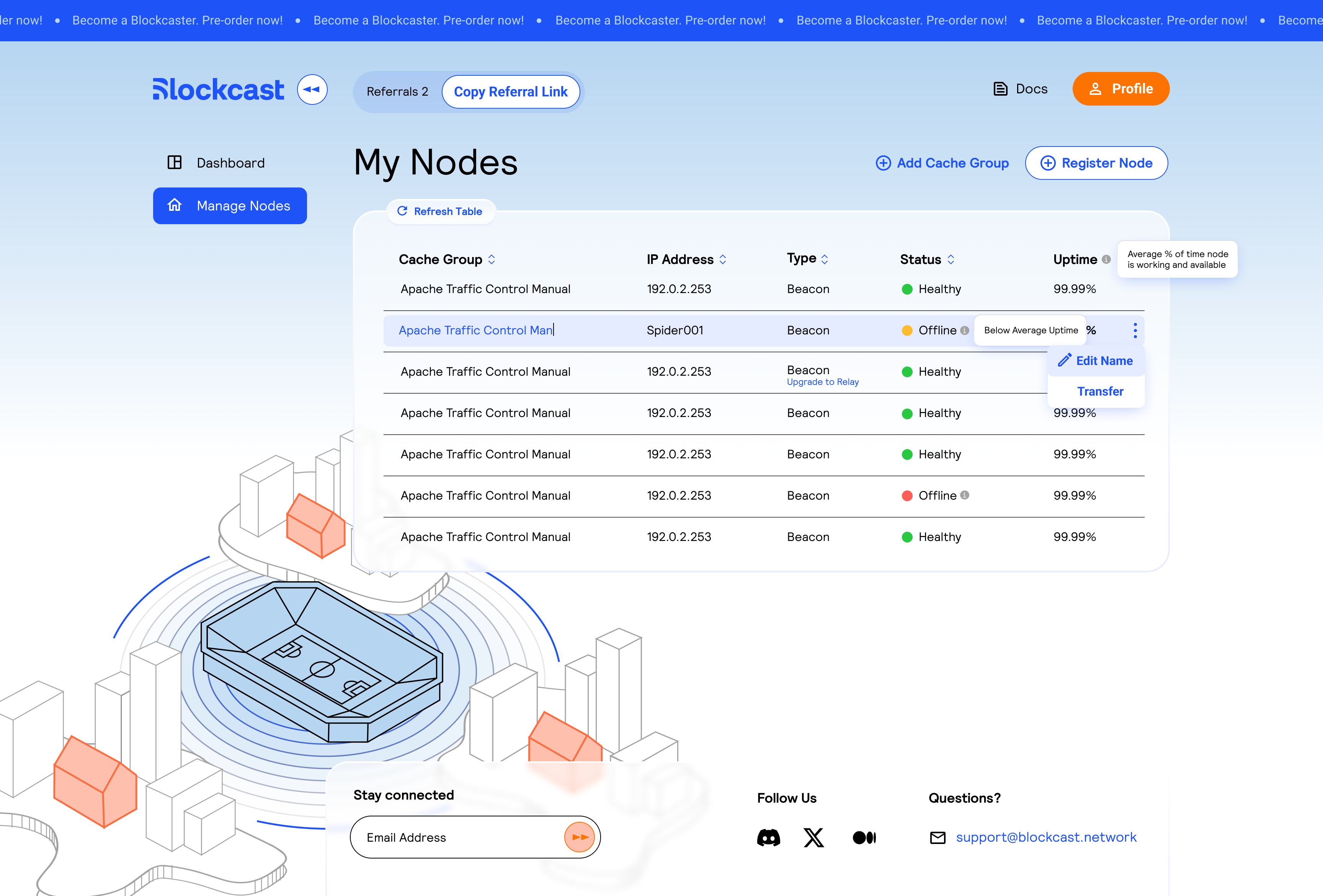 My Nodes dashboard showing table with Cache Group, Node Name, IP Address, Type, Status, and Uptime columns