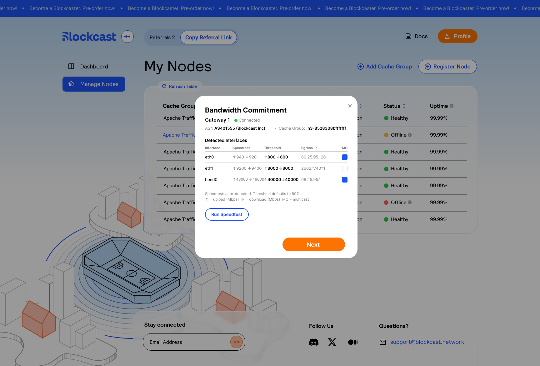 Bandwidth Commitment dialog showing detected interfaces with speedtest results, threshold limits, egress IPs, and multicast checkboxes