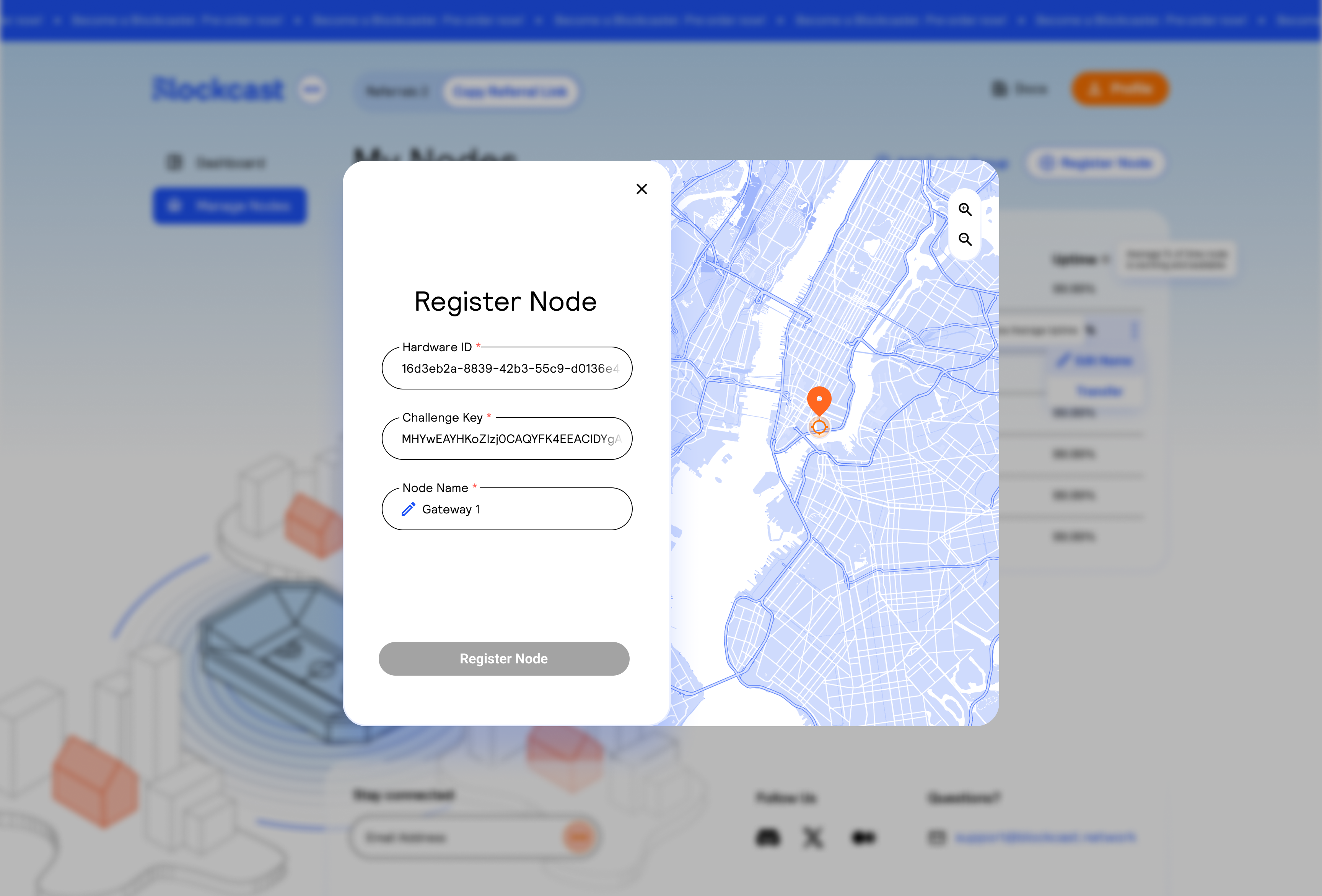 Register Node dialog showing Hardware ID, Challenge Key, Node Name fields and a map with location pin