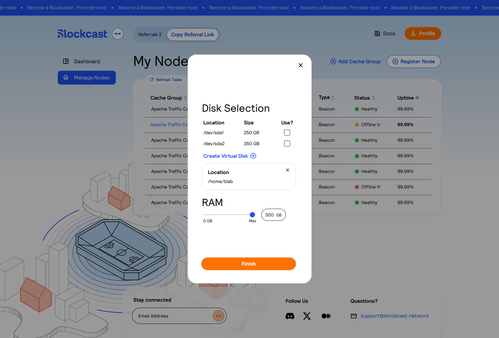 Disk Selection dialog showing physical disk list with checkboxes, Create Virtual Disk option, and RAM slider